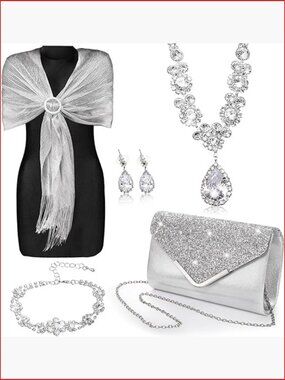 5-Piece Rhinestone Jewelry Set with Clutch Evening Bag and Shawl